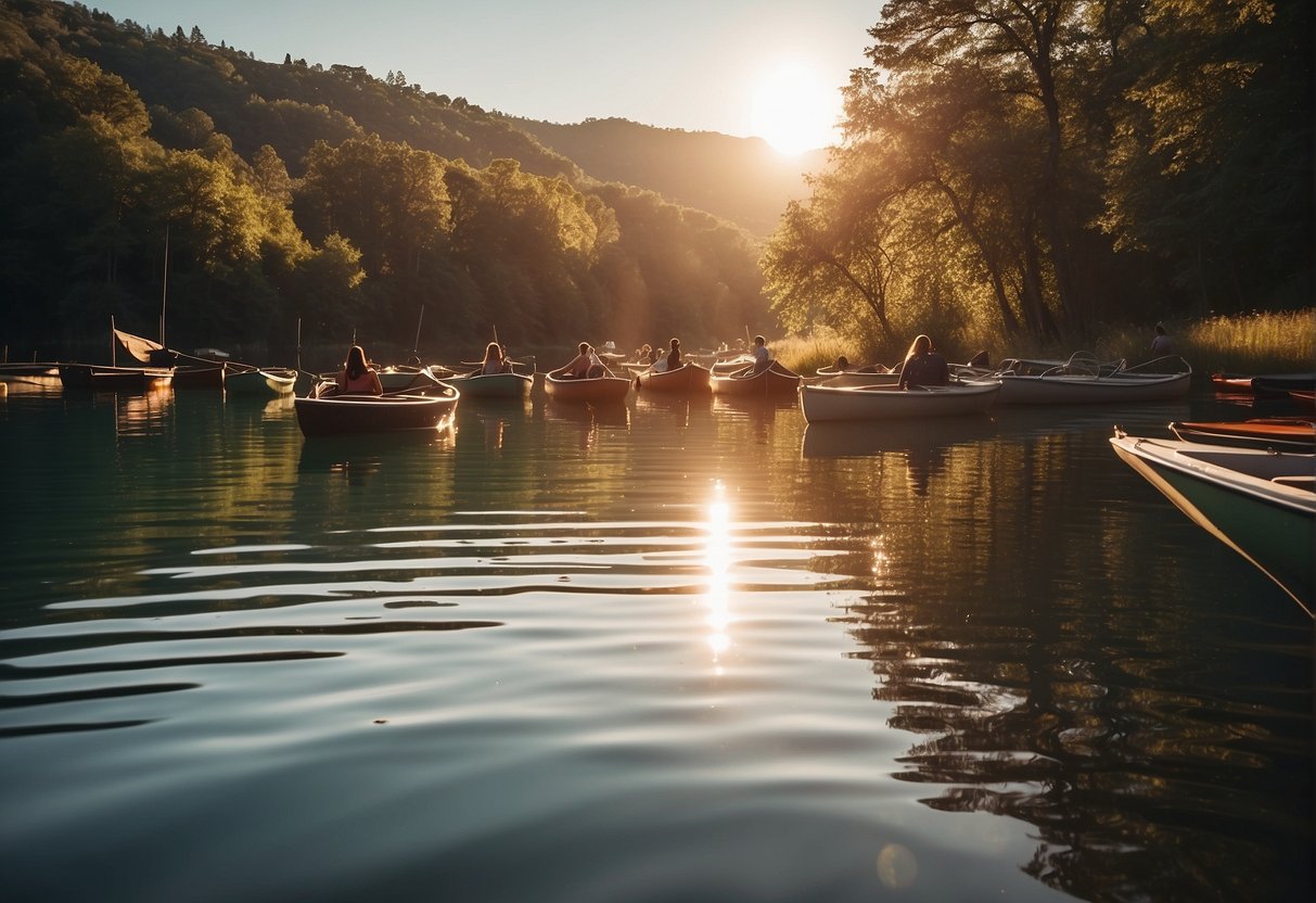 A variety of boats float on the water, including canoes, kayaks, rowboats, and sailboats. The sun is shining, and the water is calm