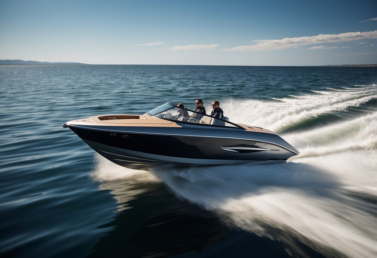 A sleek speedboat overtakes a traditional fishing boat on calm waters, demonstrating superior performance and handling. Another boat, resembling a pontoon, cruises nearby