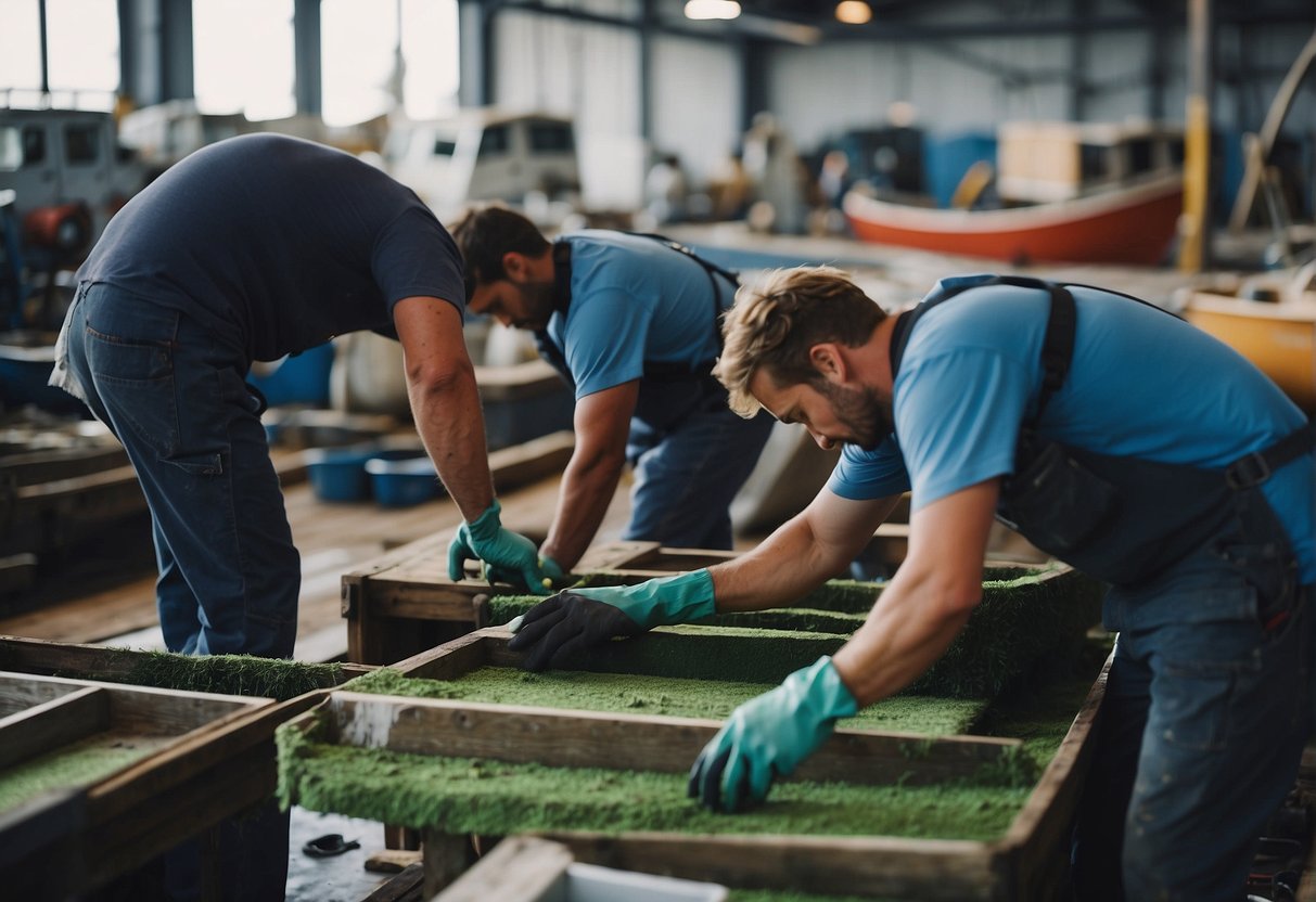 Boats being cleaned and repaired in a boatyard, with workers painting, sanding, and fixing various types of boats